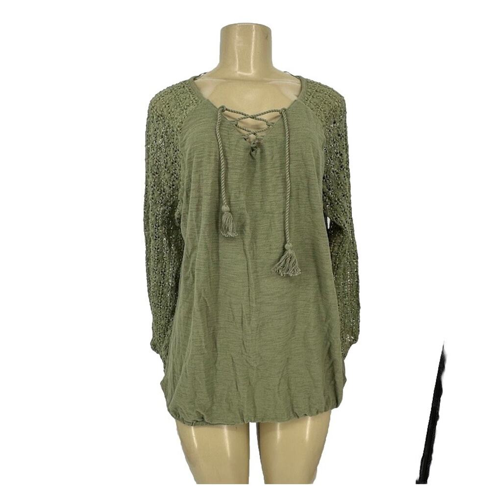 NEW Ruff Hewn XL Women Pullover Boho Top T-shirt Tassel Neck Green Cotton X150